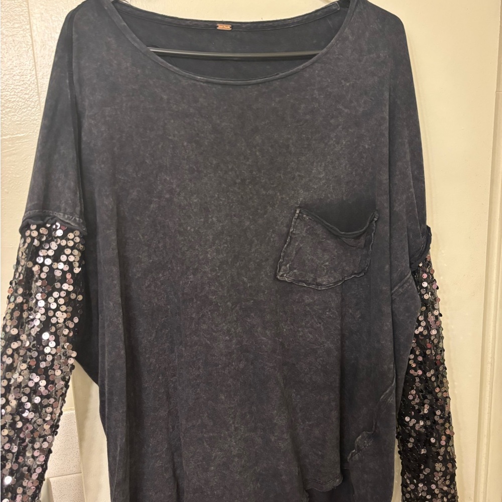Free People Black Long Sleeve Top with Sequin Sleeves